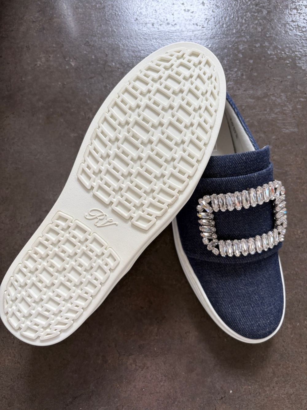 Roger Vivier Navy Denim Slip-On Sneakers with Crystal Buckles - Picture 5 of 6